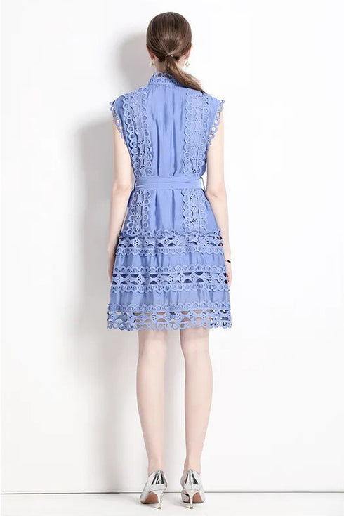 Magnificent & Exquisite Crochet Hollow Lace Dress, Mock Neck, Belted, Delicate A-line Prom, Party, Wedding Guest Dress